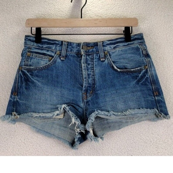 Free People‎ Denim Cutoff Shorts Blue Frayed Hem Button Fly Women Size 25 - Picture 9 of 13